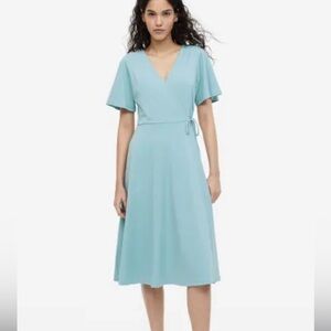 H&M xs light blue v neck wrap dress, wide sleeve